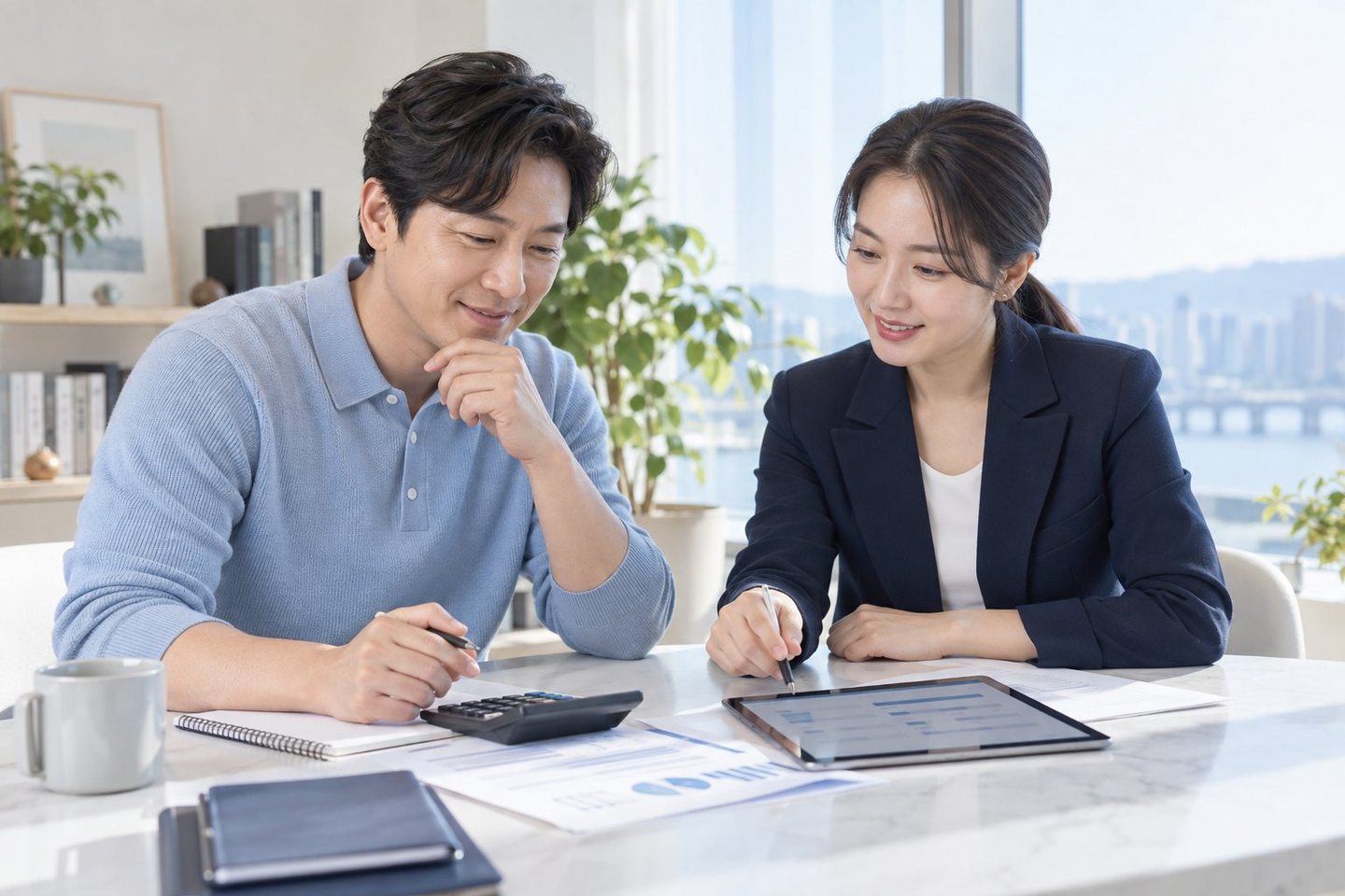 테이블에서 계약 내용을 확인하는 두 사람 — 카드단말기 가입 통화가 끝난 뒤의 일을 차례대로 적었어요.